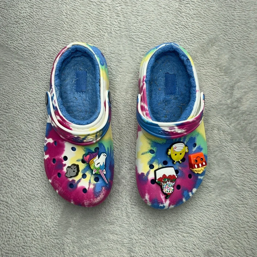 Kids Crocs Lined Tie Dye Clogs Size 13 with Charms Unicorn Chicken Cake